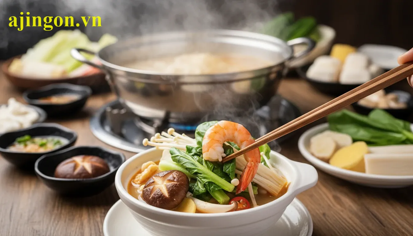 Bát lẩu Thái đầy ắp rau xanh và nấm được ưu tiên ăn trước để hạn chế nạp tinh bột.