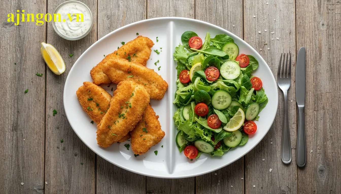 Bữa ăn cân bằng gồm cá tẩm bột chiên Aji Quick và đĩa salad rau xanh tươi mát.