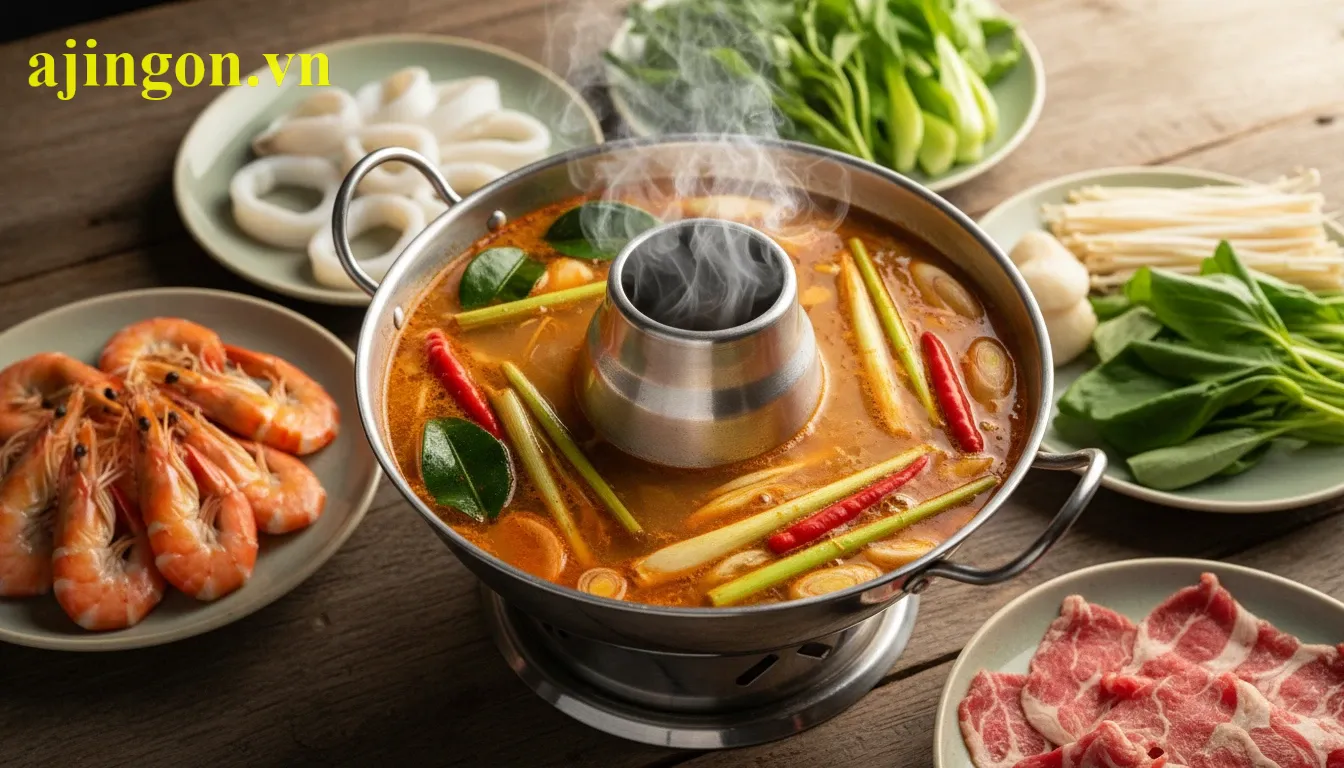 Bữa lẩu Thái chua cay trình bày cùng các loại đồ nhúng tươi giúp kiểm soát lượng calo hiệu quả.