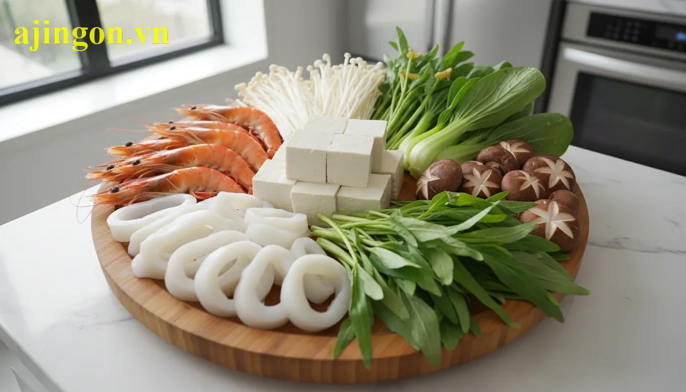 Các loại đạm nạc và rau xanh là lựa chọn thông minh để giảm calo khi ăn lẩu Thái Aji-Quick.