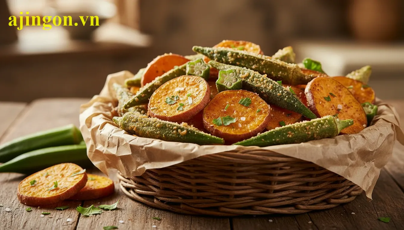 Các loại rau củ chiên giòn rụm với lớp áo bột Aji-Quick vàng ươm hấp dẫn cho trẻ em.