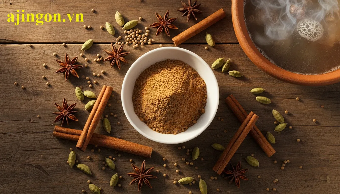 Các loại thảo mộc nấu phở như quế và đại hồi kết hợp cùng gia vị phở bò cô đặc.