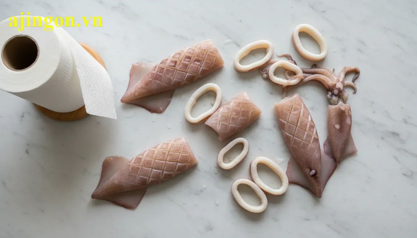 Các miếng mực tươi được khía vảy rồng đều đặn và đặt trên khăn giấy để thấm khô nước.