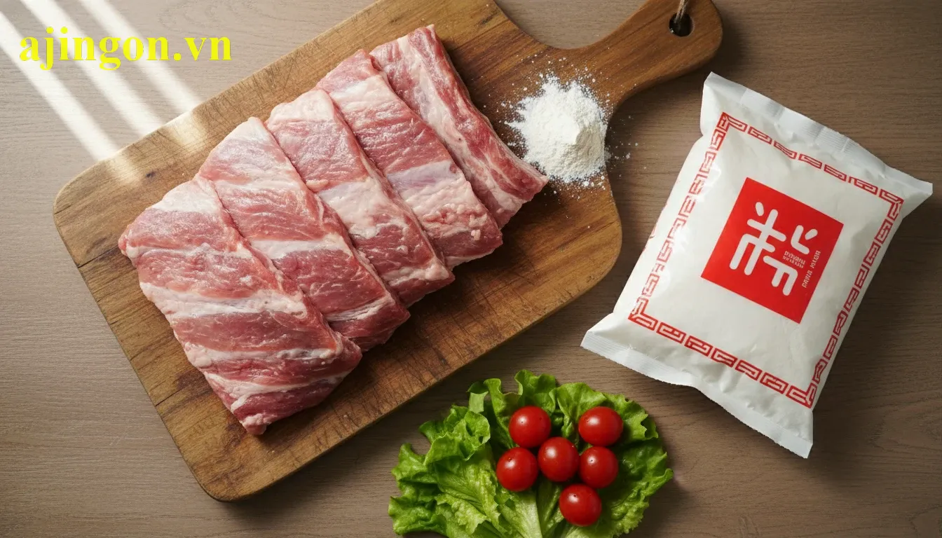 Các nguyên liệu chính gồm sườn non tươi và gói bột tẩm khô chiên giòn Aji Quick sẵn sàng chế biến.