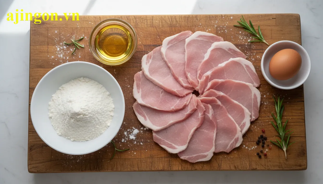 Các nguyên liệu chuẩn bị làm thịt chiên giòn gồm thịt lợn tươi và gói bột Aji Quick.