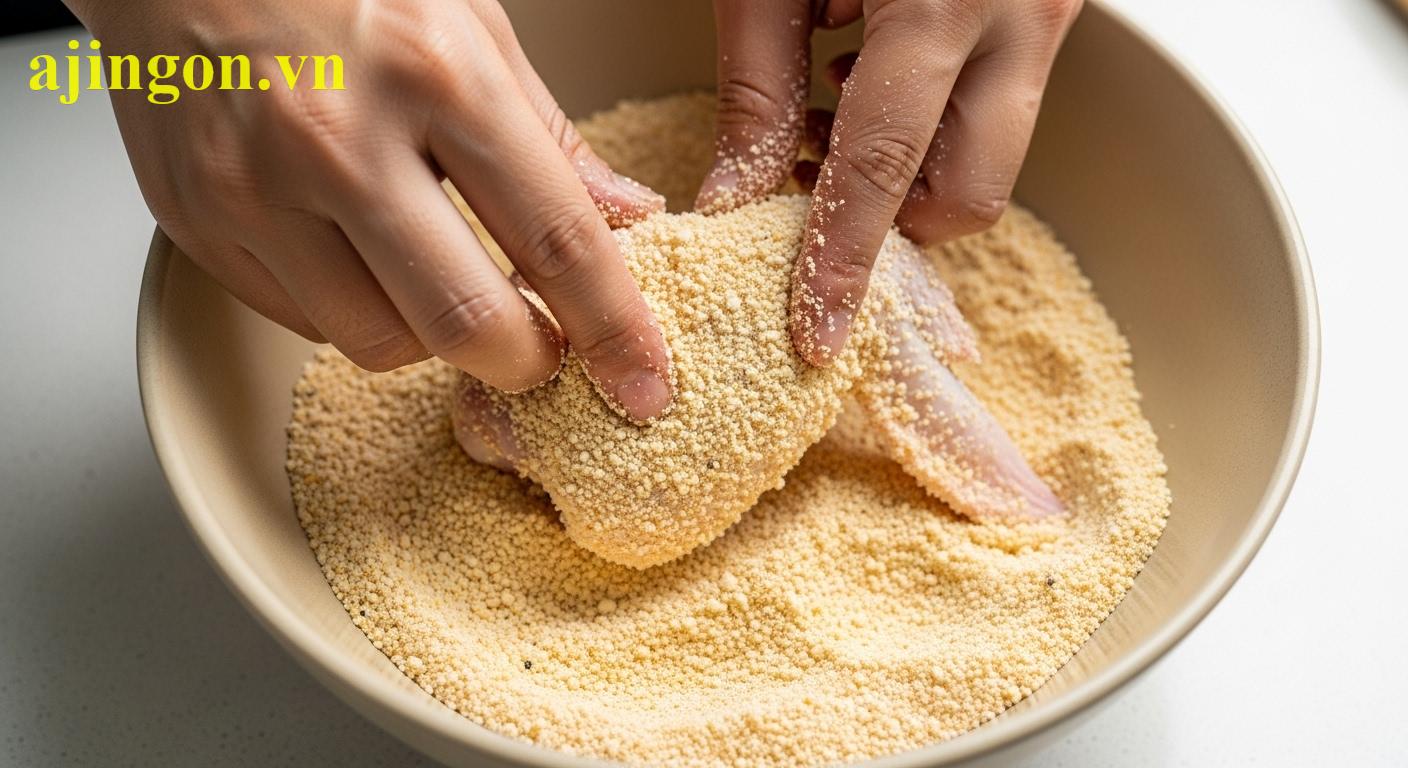 Cận cảnh bàn tay đang lăn đều miếng thịt gà còn ẩm qua lớp bột tẩm khô Aji-Quick.