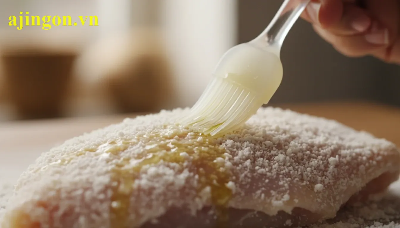 Cận cảnh dùng chổi silicon quét một lớp dầu mỏng lên miếng gà đã tẩm bột Aji-Quick.