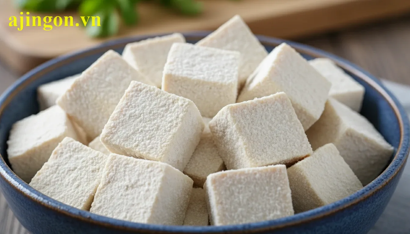 Đậu phụ được tẩm một lớp bột chiên giòn Aji-Quick mỏng và đều khắp các mặt.