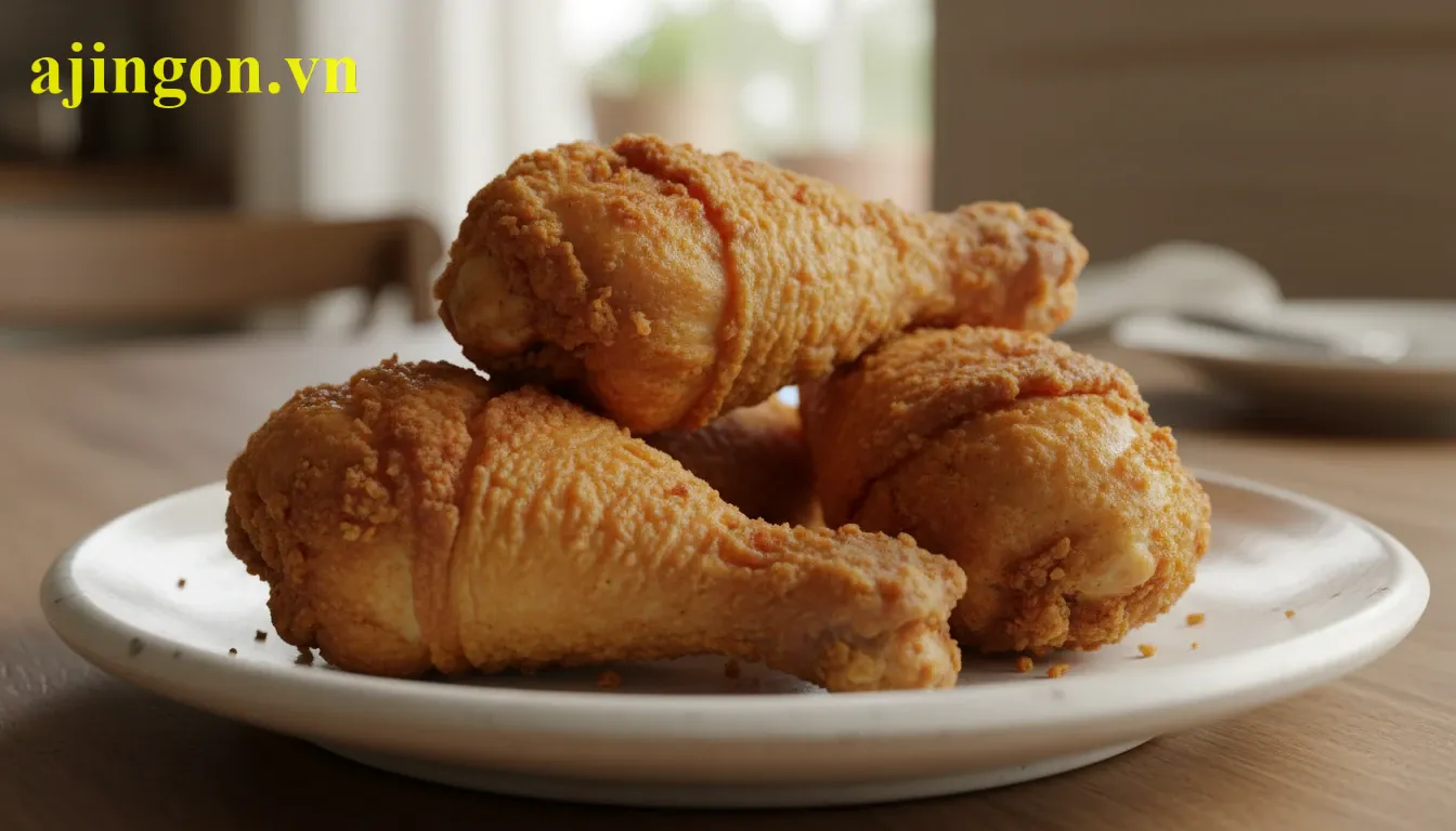 Đĩa đùi gà chiên vàng rụm tẩm bột Aji Quick với lượng calo ước tính cụ thể.