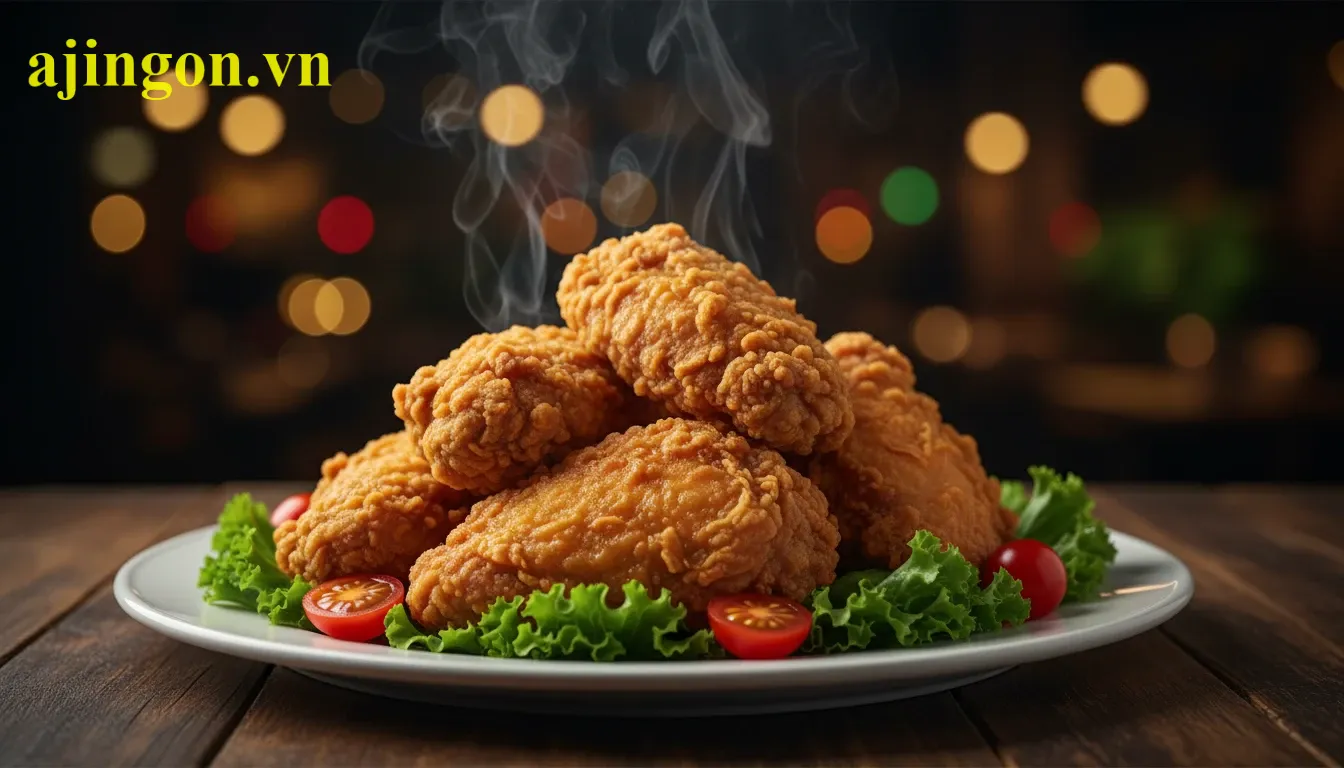 Đĩa gà chiên Aji-Quick vàng ruộm, giòn tan được trang trí với rau xà lách và cà chua.