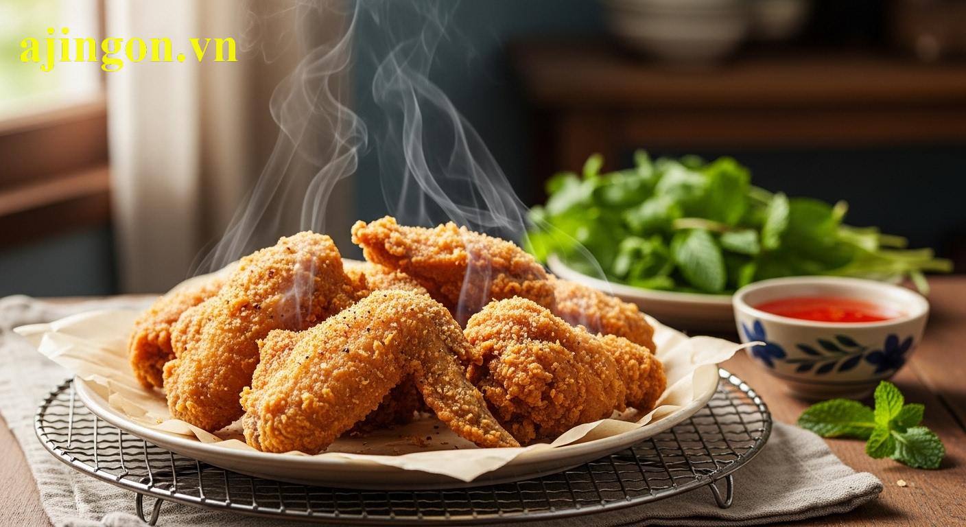 Đĩa gà chiên giòn Aji-Quick vàng ươm thành phẩm được đặt trên giấy thấm dầu chuyên dụng.