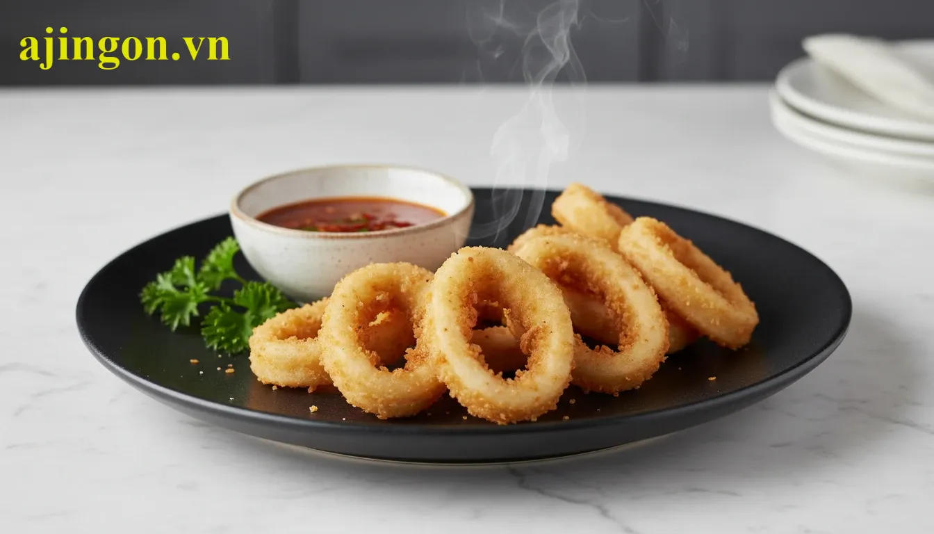 Đĩa mực ống chiên bột Aji-Quick vàng ươm đẹp mắt trang trí cùng rau xà lách và tương ớt.