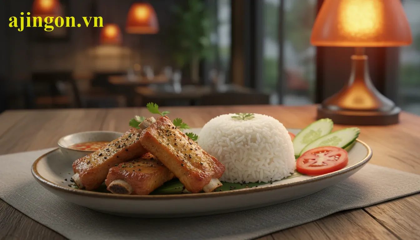 Đĩa sườn chiên bột vàng ươm hấp dẫn ăn kèm cùng cơm trắng nóng hổi và salad rau củ tươi.