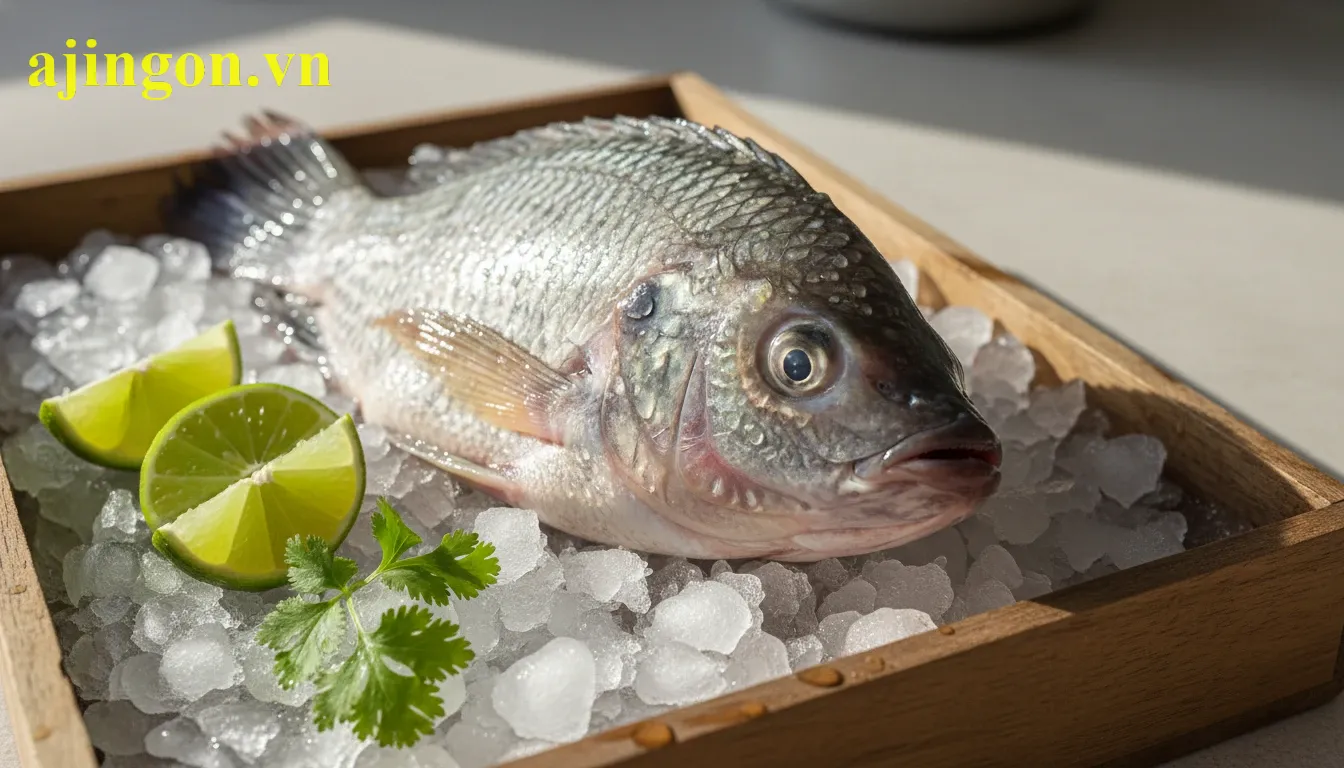 Hình ảnh con cá rô phi tươi sống với đôi mắt trong veo đặt trên lớp đá lạnh.