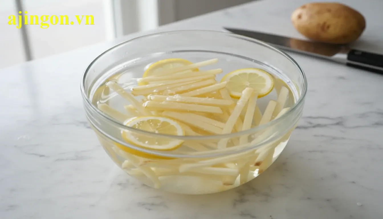 Khoai tây cắt thanh dài ngâm trong bát nước muối loãng để loại bỏ nhựa và tránh bị thâm đen.
