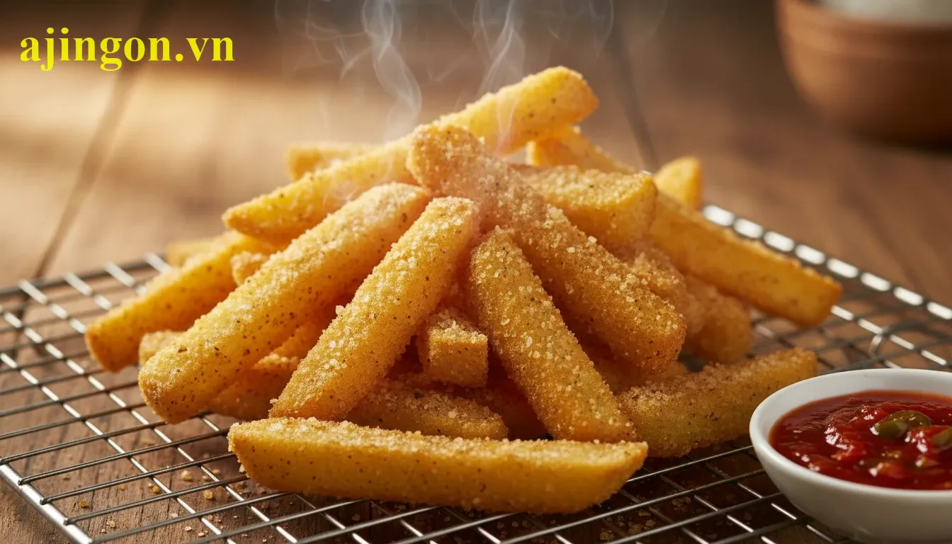 Khoai tây chiên vàng ươm đặt trên vỉ gác để ráo dầu và giữ độ giòn rụm lâu hơn.