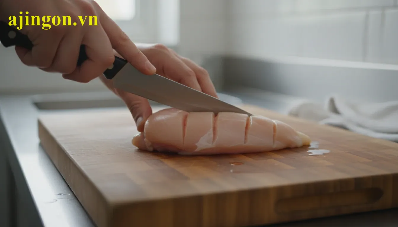 Kỹ thuật khía nhẹ bề mặt thịt gà giúp gia vị thấm sâu và thịt chín đều từ bên trong.