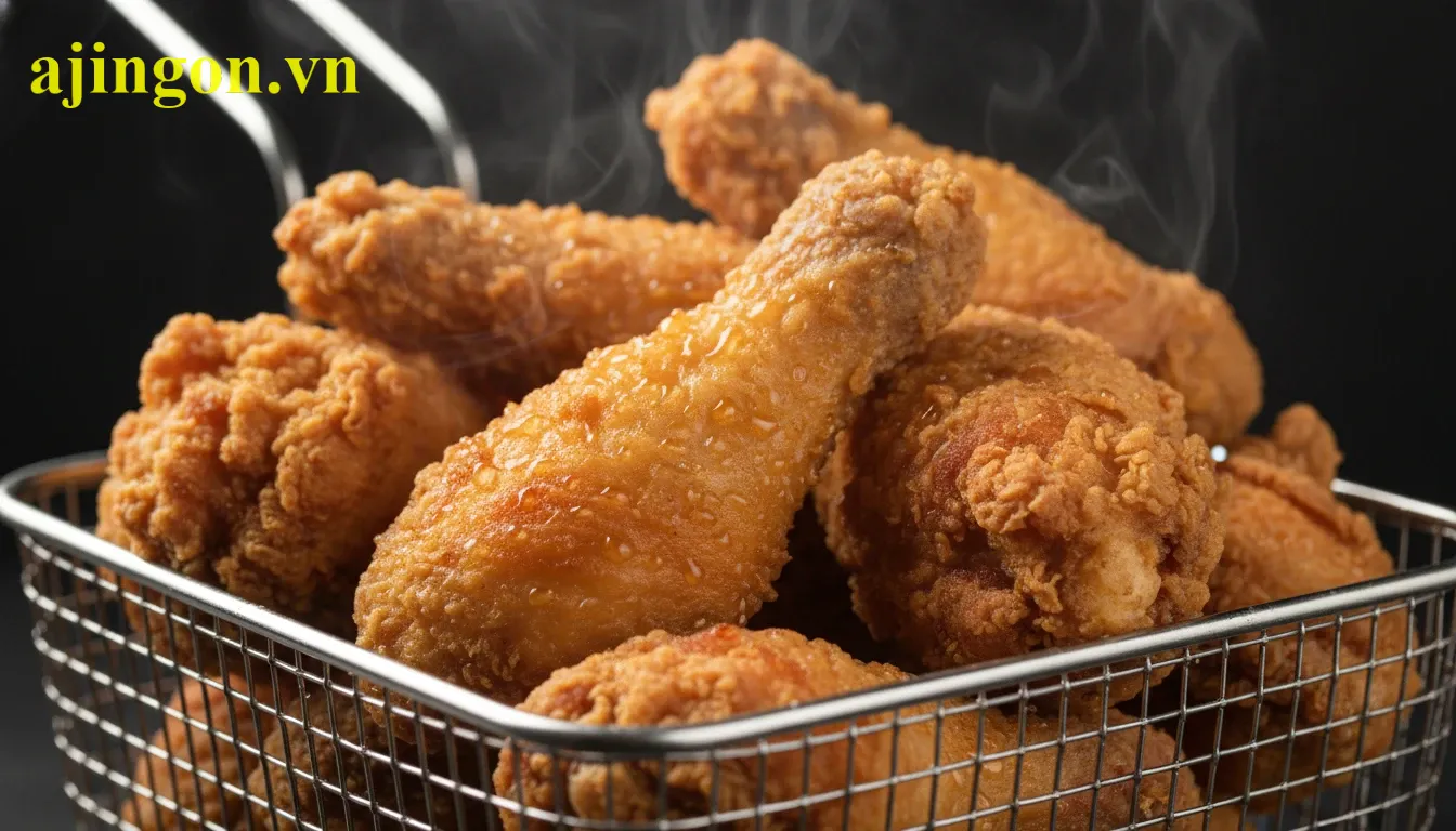 Miếng gà chiên vàng ươm với lớp vỏ xù xì giòn rụm sau khi được chiên hai lần.