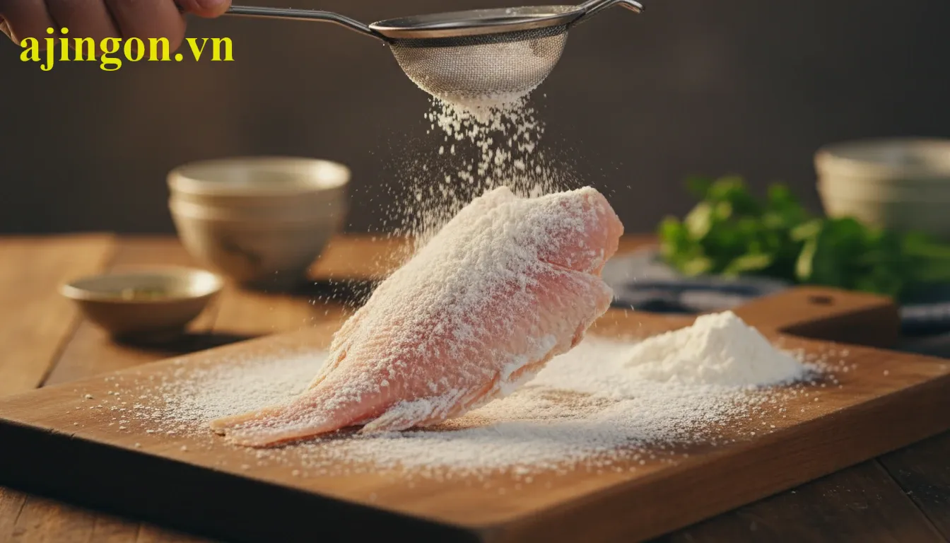 Miếng phi lê cá rô phi được phủ một lớp bột chiên giòn Aji-Quick mỏng và đều mịn.