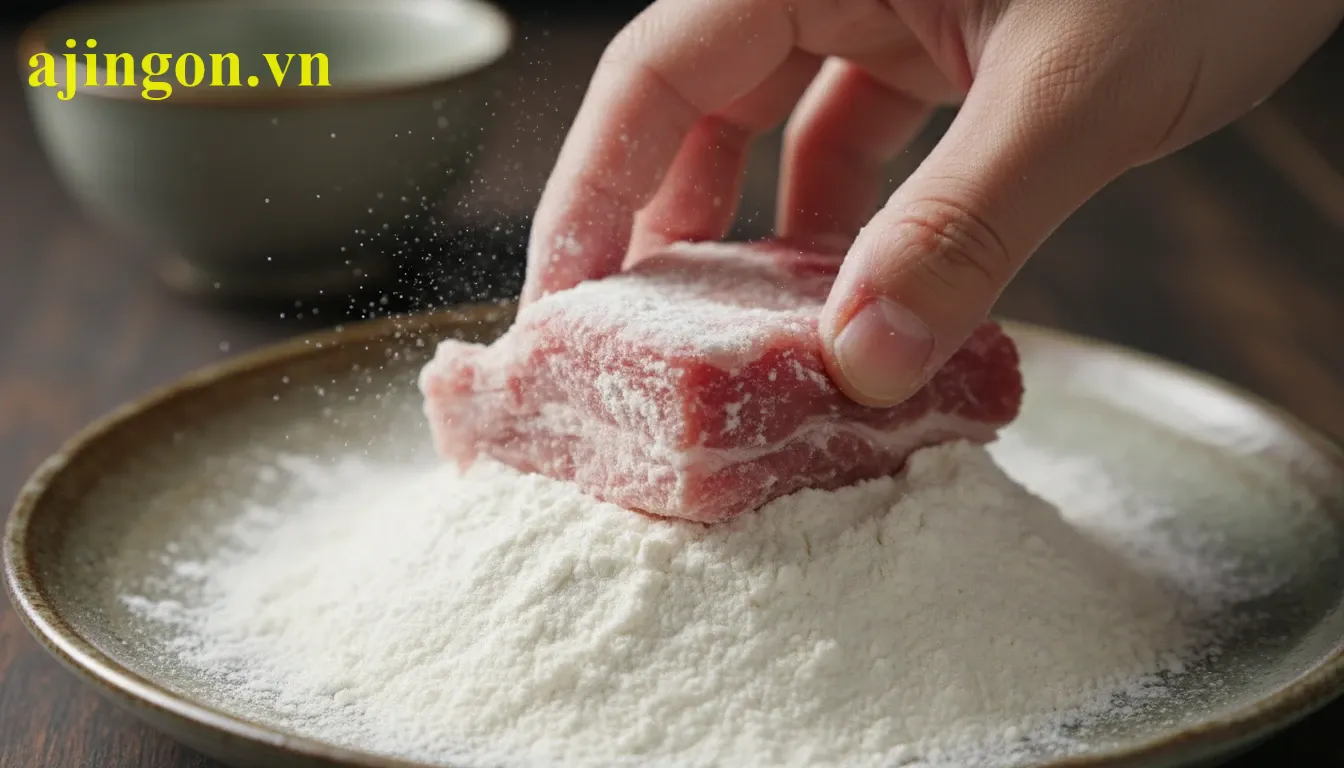 Miếng sườn được lăn đều qua lớp bột tẩm khô Aji Quick tạo độ bám mỏng mịn và đồng nhất.