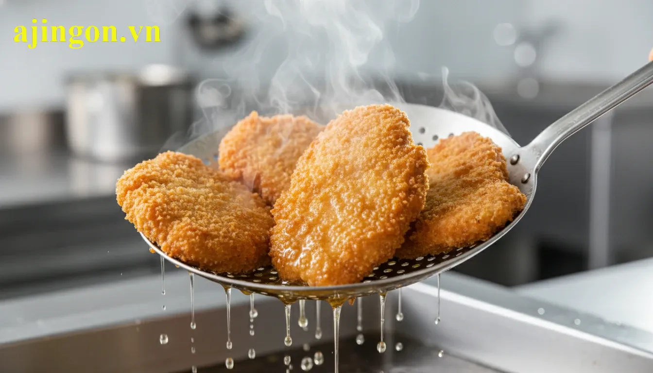 Miếng thịt chiên vàng rụm được nhấc ra khỏi chảo dầu nóng giúp đẩy bớt dầu thừa ra ngoài.