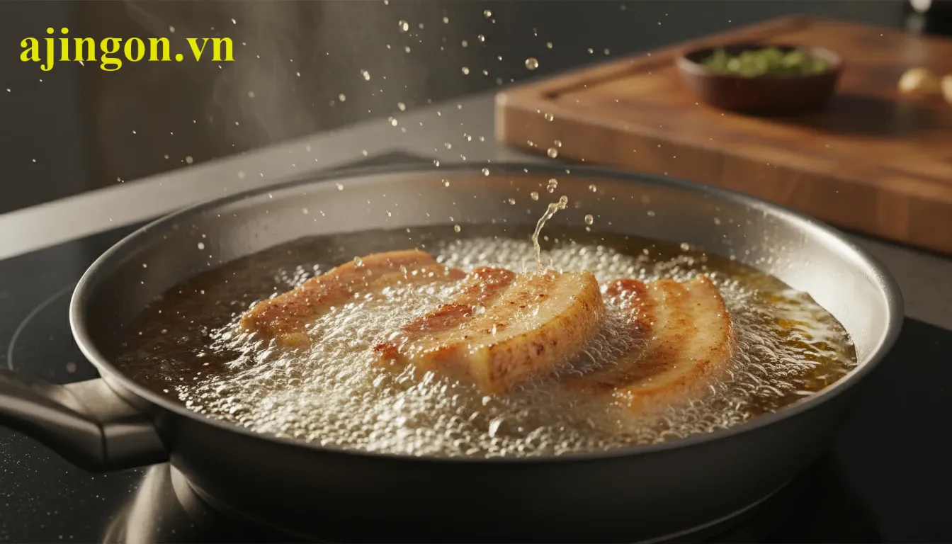 Miếng thịt lợn đang được chiên trong chảo dầu nóng sôi sủi bọt mạnh mẽ để tạo độ giòn.