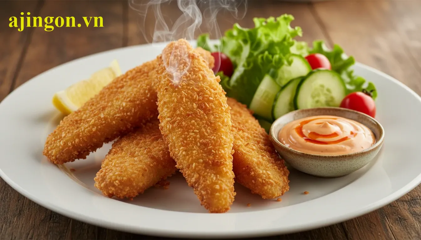 Món cá tẩm bột chiên Aji Quick vàng giòn phục vụ cùng xốt chấm và rau xanh.