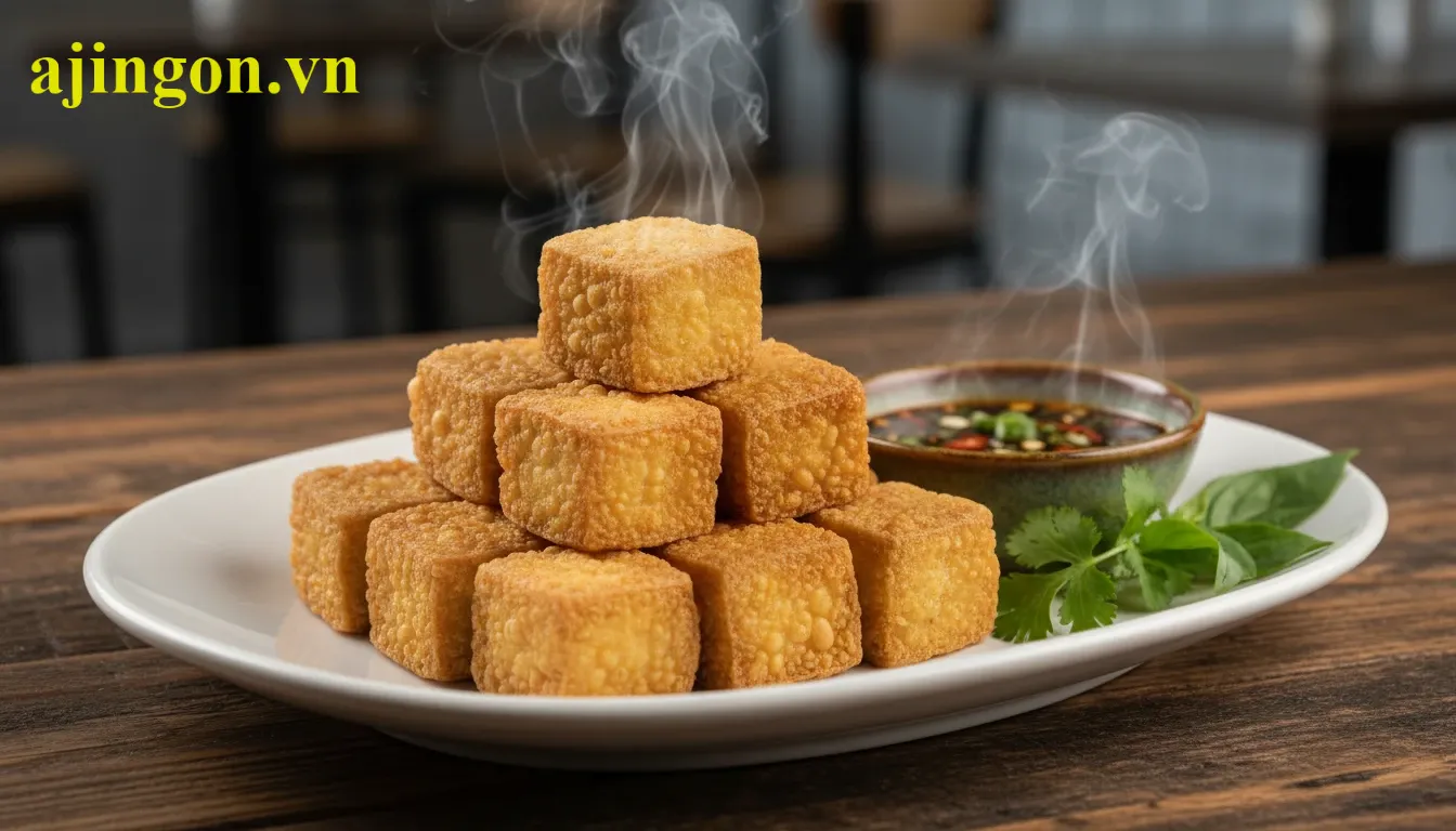 Món đậu phụ chiên Aji-Quick vàng ươm ráo dầu được bày trí hấp dẫn trên đĩa.