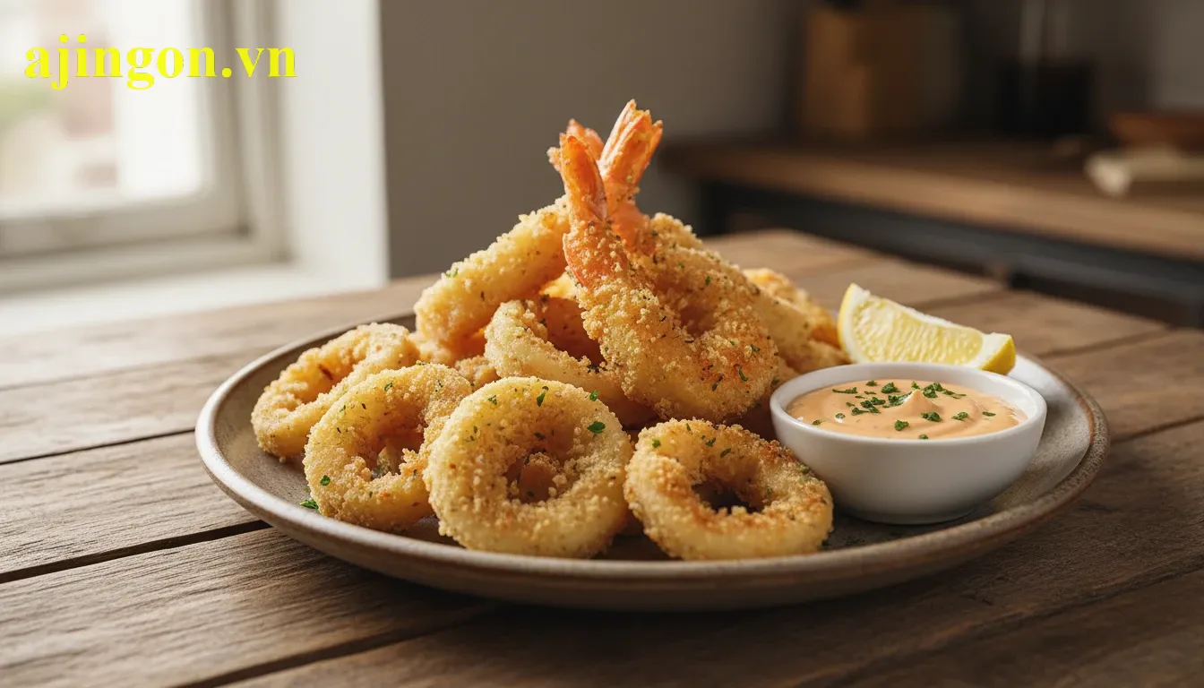 Món mực chiên giòn với lớp bột tẩm khô Aji-Quick bám mỏng đều, giữ trọn vị ngọt tự nhiên.