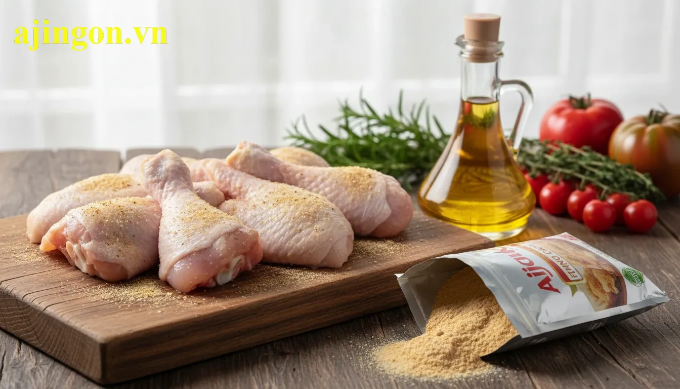 Nguyên liệu tươi gồm cánh gà, đùi gà và gói bột chiên giòn Aji-Quick bày trên kệ bếp.