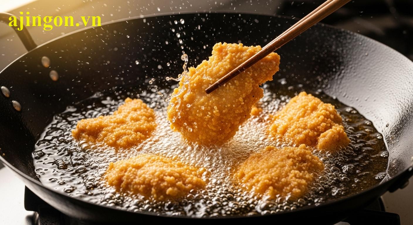 Những miếng gà tẩm bột Aji-Quick đang được chiên ngập dầu trong chảo tới khi chín vàng.