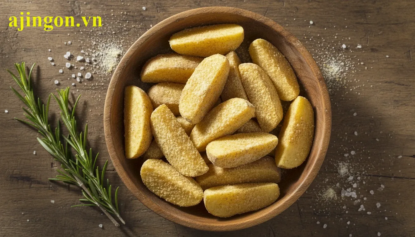 Những thanh khoai tây được tẩm đều lớp bột chiên Aji Quick mịn màng chuẩn bị mang đi chiên.