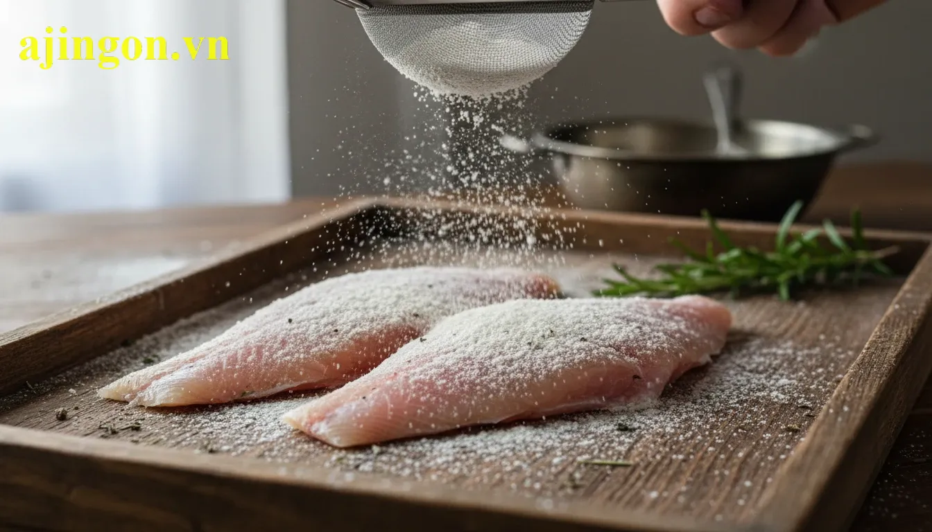 Phi lê cá tươi được tẩm bột chiên giòn Aji-Quick bằng phương pháp tẩm khô tiện lợi.