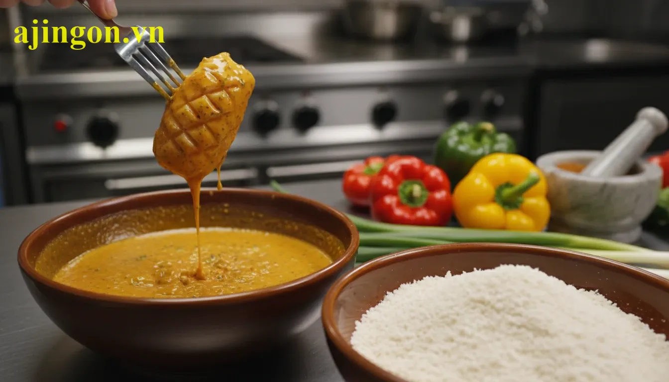 Quy trình tẩm bột kép cho mực qua lớp bột khô và bột ướt Aji-Quick trước khi chiên.