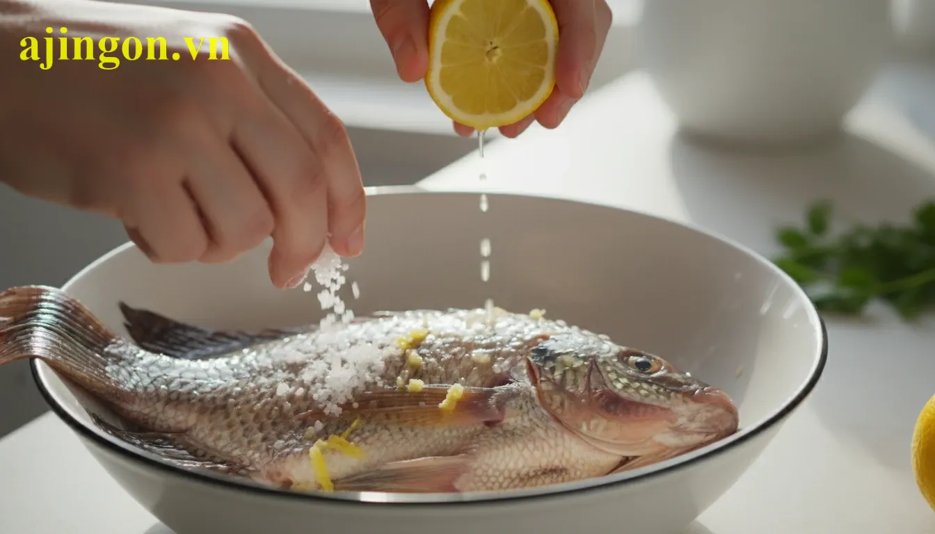 Sơ chế cá rô phi bằng muối hạt và chanh tươi để loại bỏ hoàn toàn mùi tanh khó chịu.