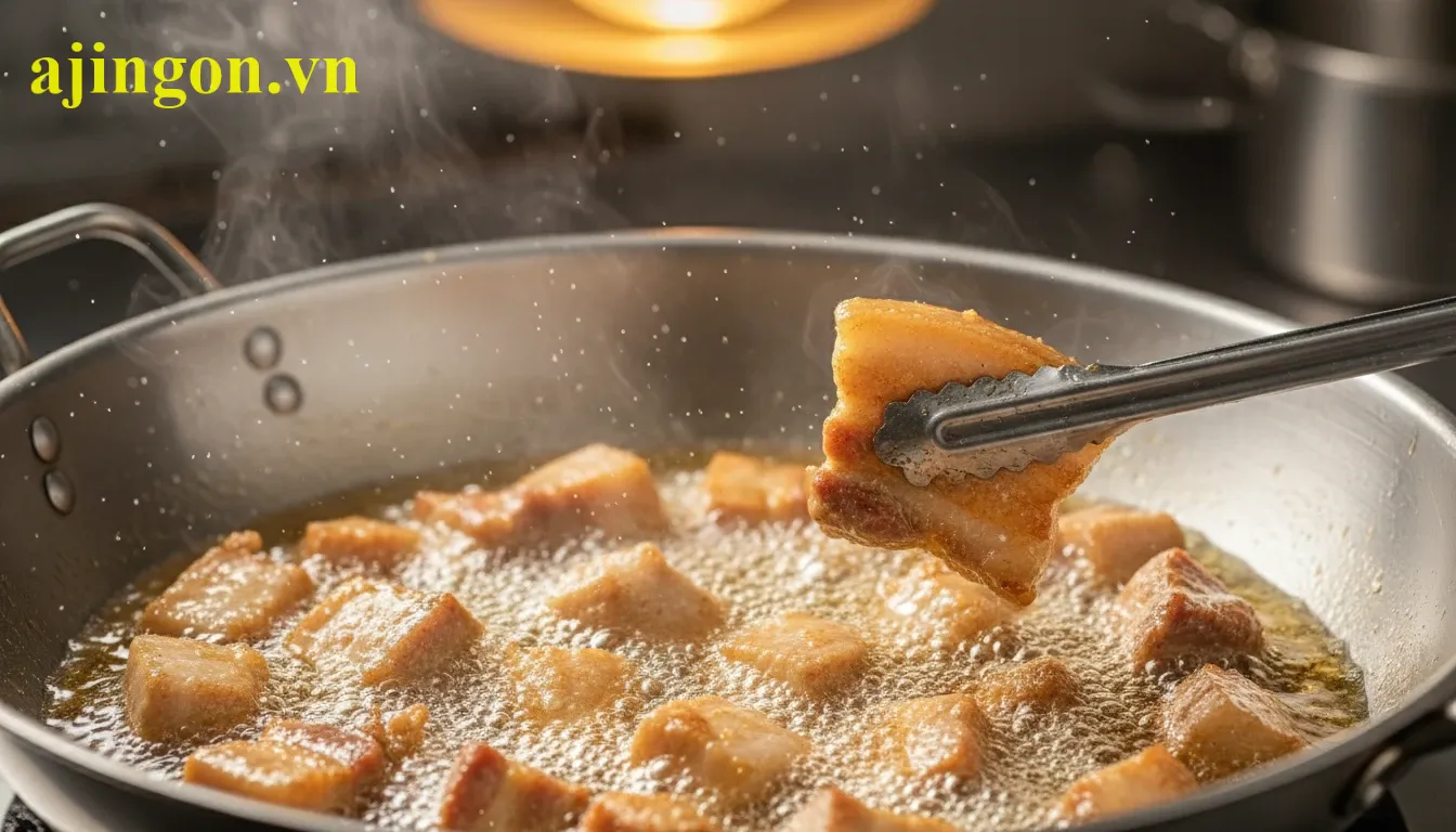 Thịt ba chỉ đang được chiên ngập dầu trong chảo để đạt độ vàng kim chuẩn vị.