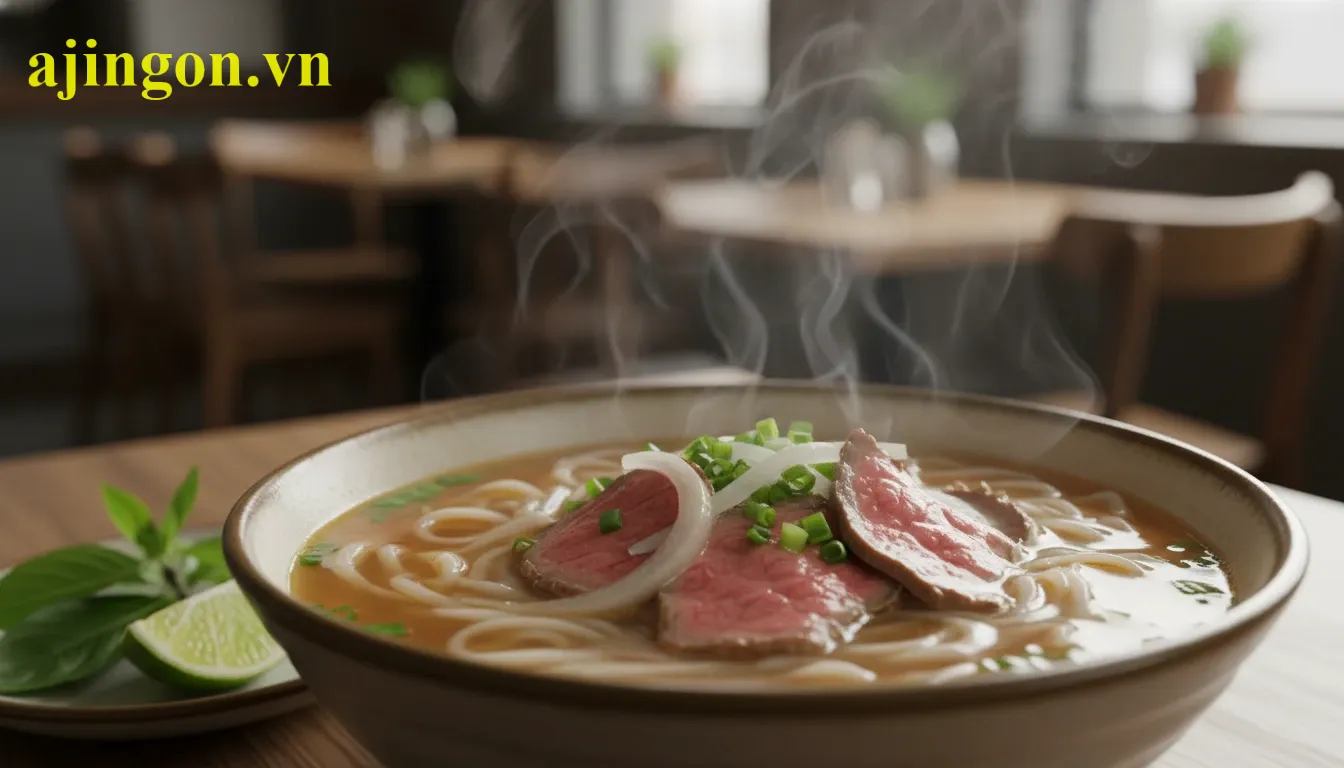 Tô phở bò nóng hổi được trình bày đẹp mắt với thịt bò và các loại rau thơm.